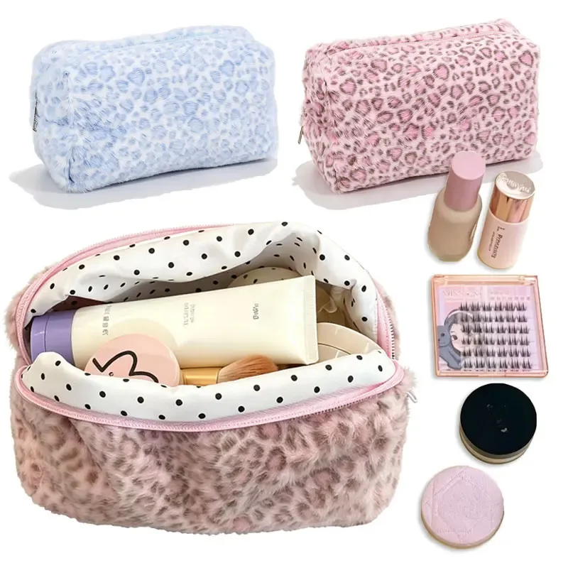 Trousse Toilette Plush Imprimé Léopard Rose Beige Motif Léopard Bleu Clair Voyage Cosmétiques Maquillage Sac Peluche