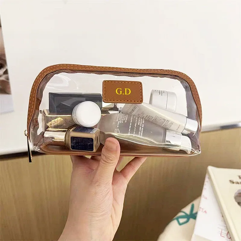sac à cosmétiques étanche en pvc avec nom personnalisé de voyage, sac de maquillage de grande capacité en cuir saffiano avec initiales gravées, sac de rangement de luxe