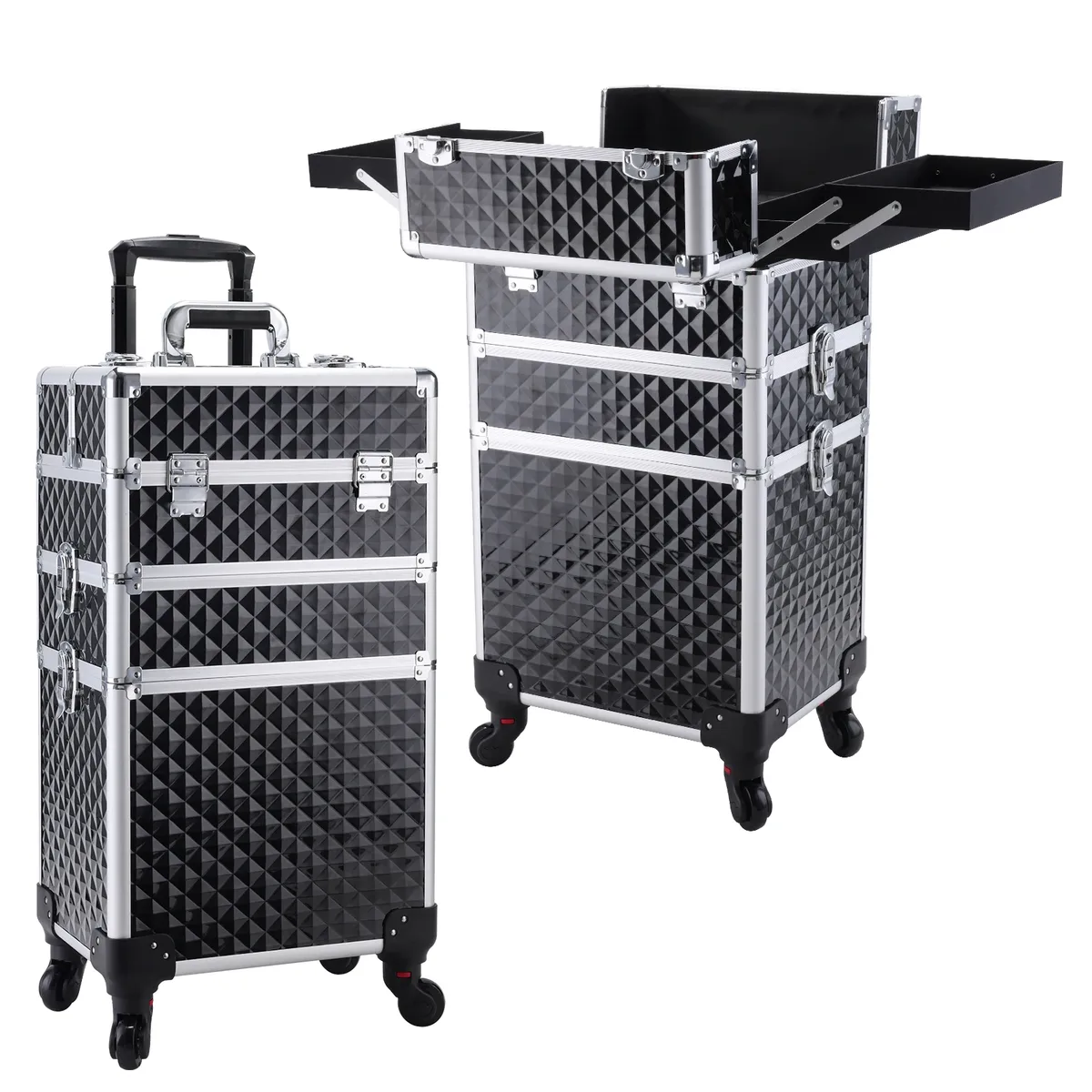 valise de rangement roulante à 4 plateaux avec poignée télescopique, valise de maquillage 3-en-1 à cadre en aluminium, mallette de maquillage sur roulettes, chariot de maquillage portable, valise de barbier, organisateur d'outils professionnels pour vernis à ongles, valise de rangement