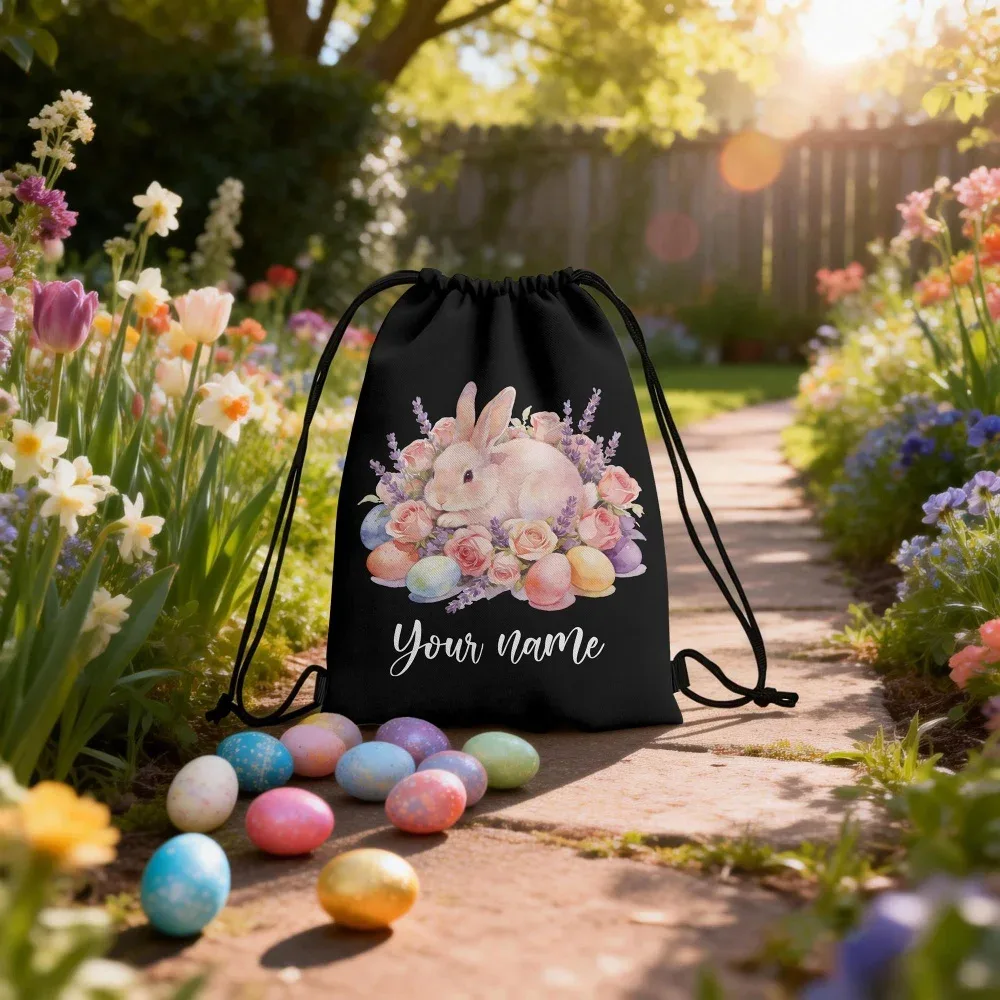 sac à dos à cordon personnalisé avec motif floral aquarelle et lapin de pâques, sac à œufs personnalisé, cadeau de pâques pour enfants
