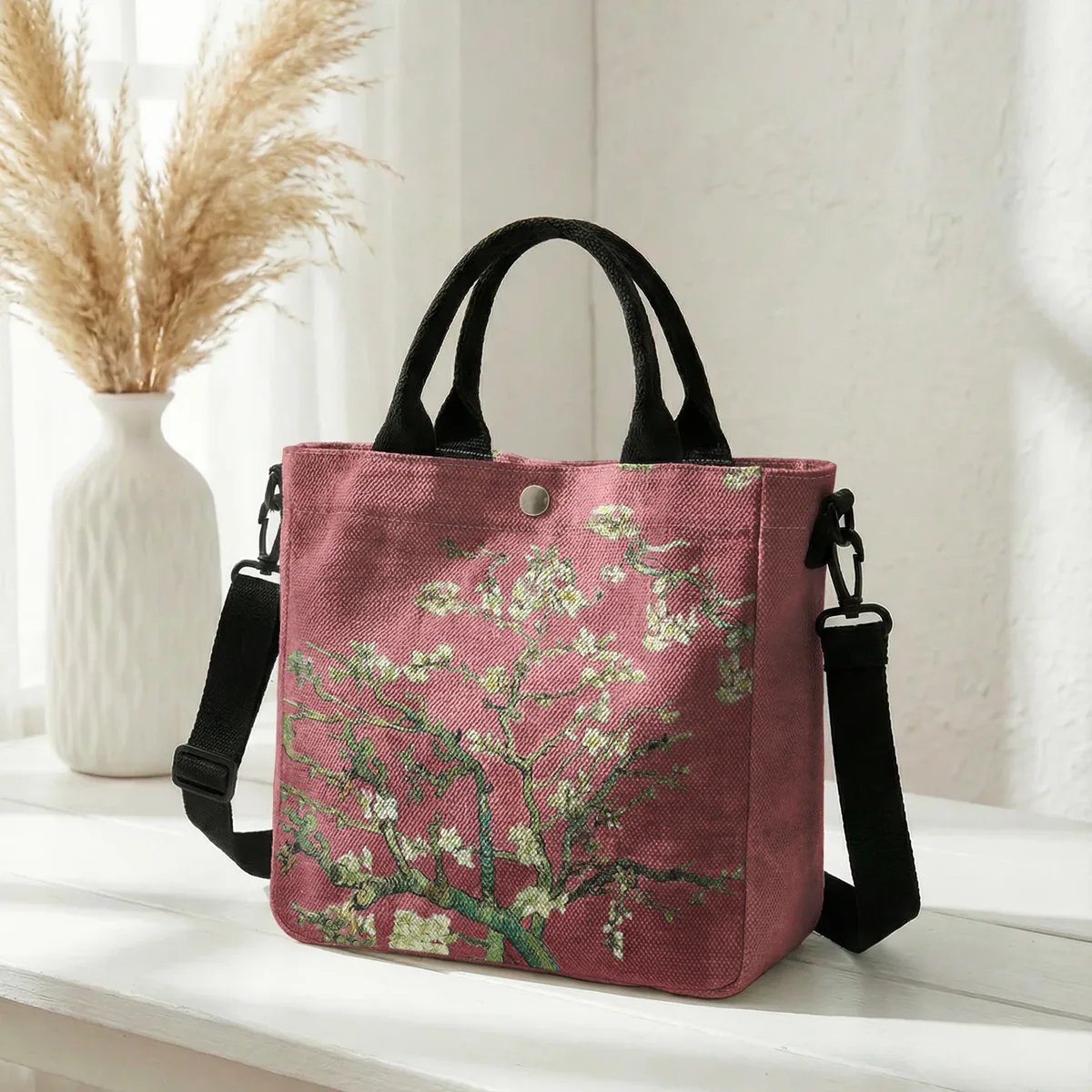 sac fourre-tout en toile avec peinture à l'huile van gogh almond blossom, bandoulière amovible, sac à main pour femme, pour les courses quotidiennes