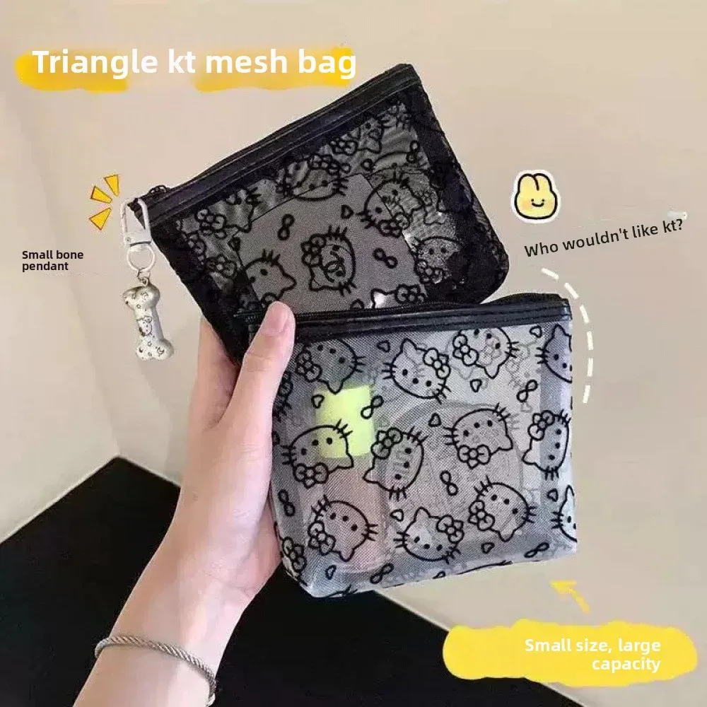sac de rangement pour chatons, grande capacité, portable, sac à maquillage en maille noire, mignon et résistant à la saleté
