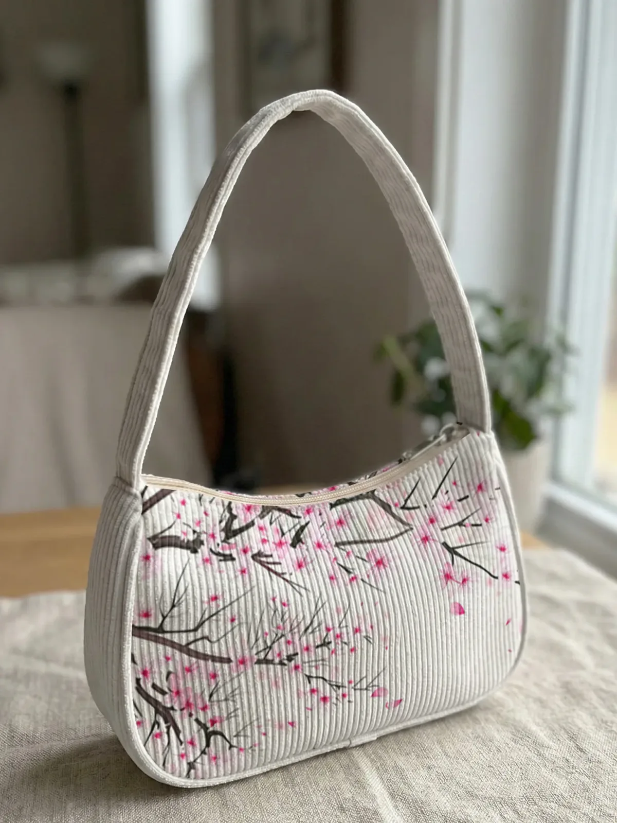 sac à bandoulière tendance à imprimé fleurs de cerisier, sac sous le bras en velours côtelé beige pour un usage quotidien décontracté