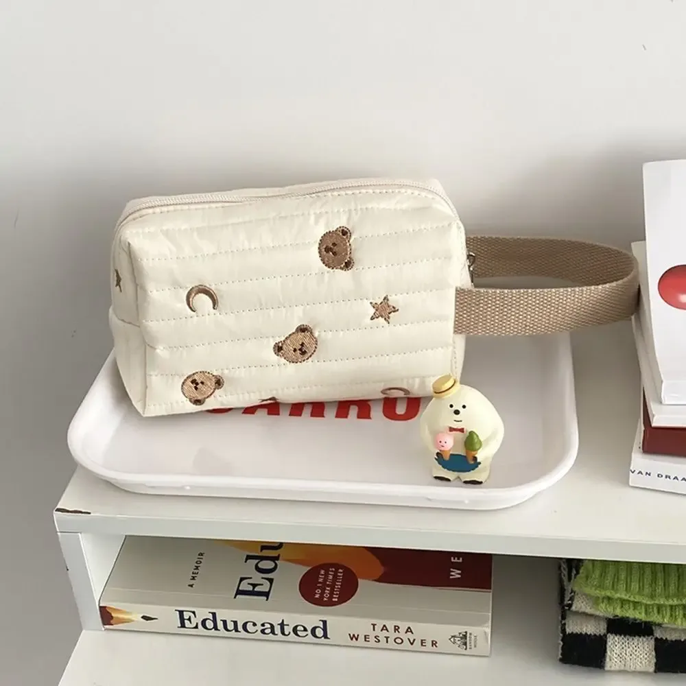 trousse de toilette mignonne brodée, sac à cosmétiques, fermeture éclair, ours en coton, sac de maquillage, organisateur de poignet, pochette de maquillage pour femmes