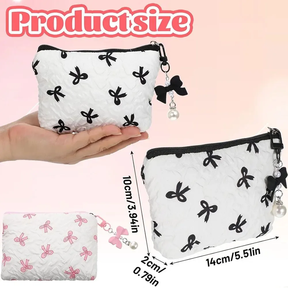mini trousse de maquillage bow pour femme, sac de toilette de voyage, jolie pochette à monnaie, étui léger pour rouge à lèvres, sac de rangement gaufré