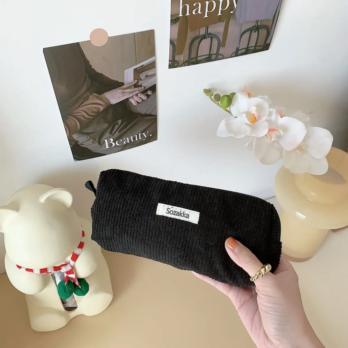 sac à stylos rétro en velours côtelé de couleur unie, boîte à crayons pour étudiants, pochette à crayons, sacs à cosmétiques pour femmes, sac de maquillage, sac de rangement pour clés et rouges à lèvres
