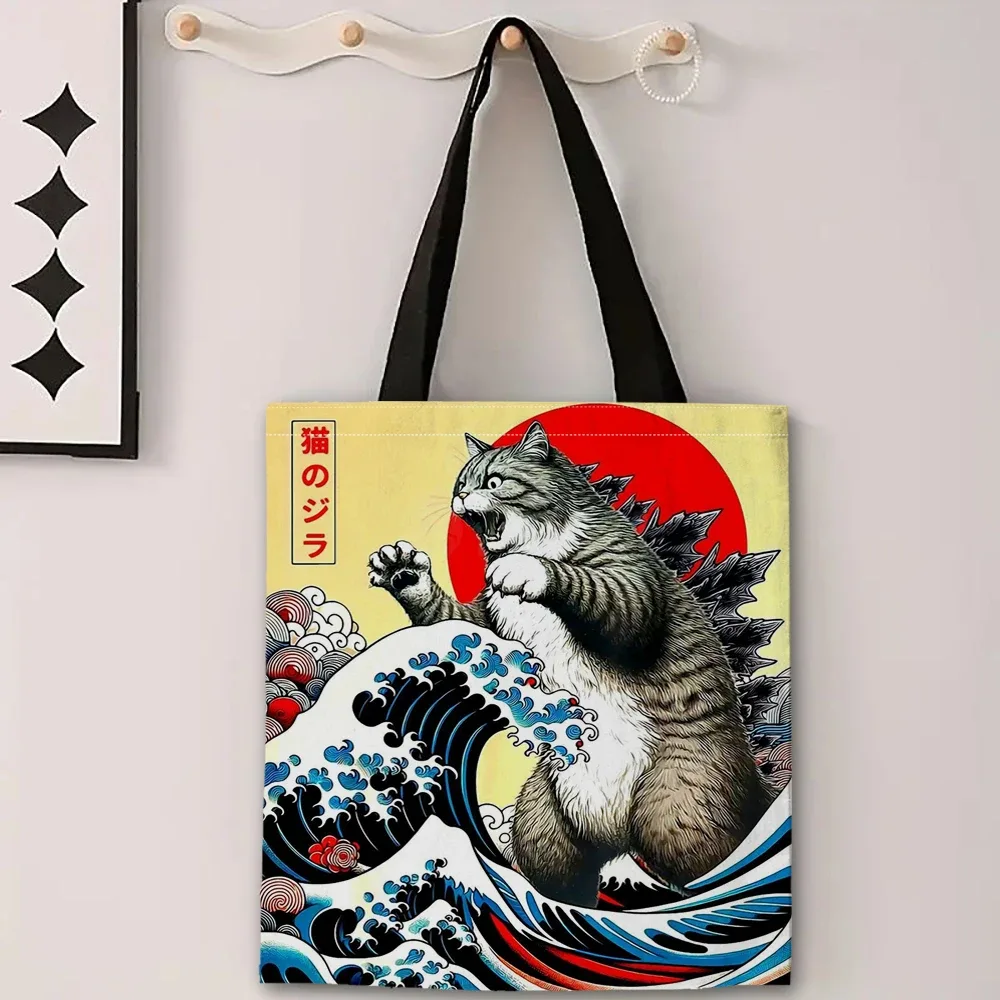 catzilla sac fourre-tout d'art japonais sac de plage de shopping à bandoulière réutilisable pour les femmes, sac de transport décontracté durable