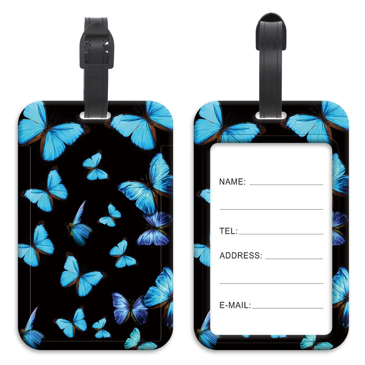 étiquette de bagage en plastique papillon bleu, valise tortue de mer, sac à dos, liste anti-perte, porte-carte d'identité, accessoires de bagages à la mode