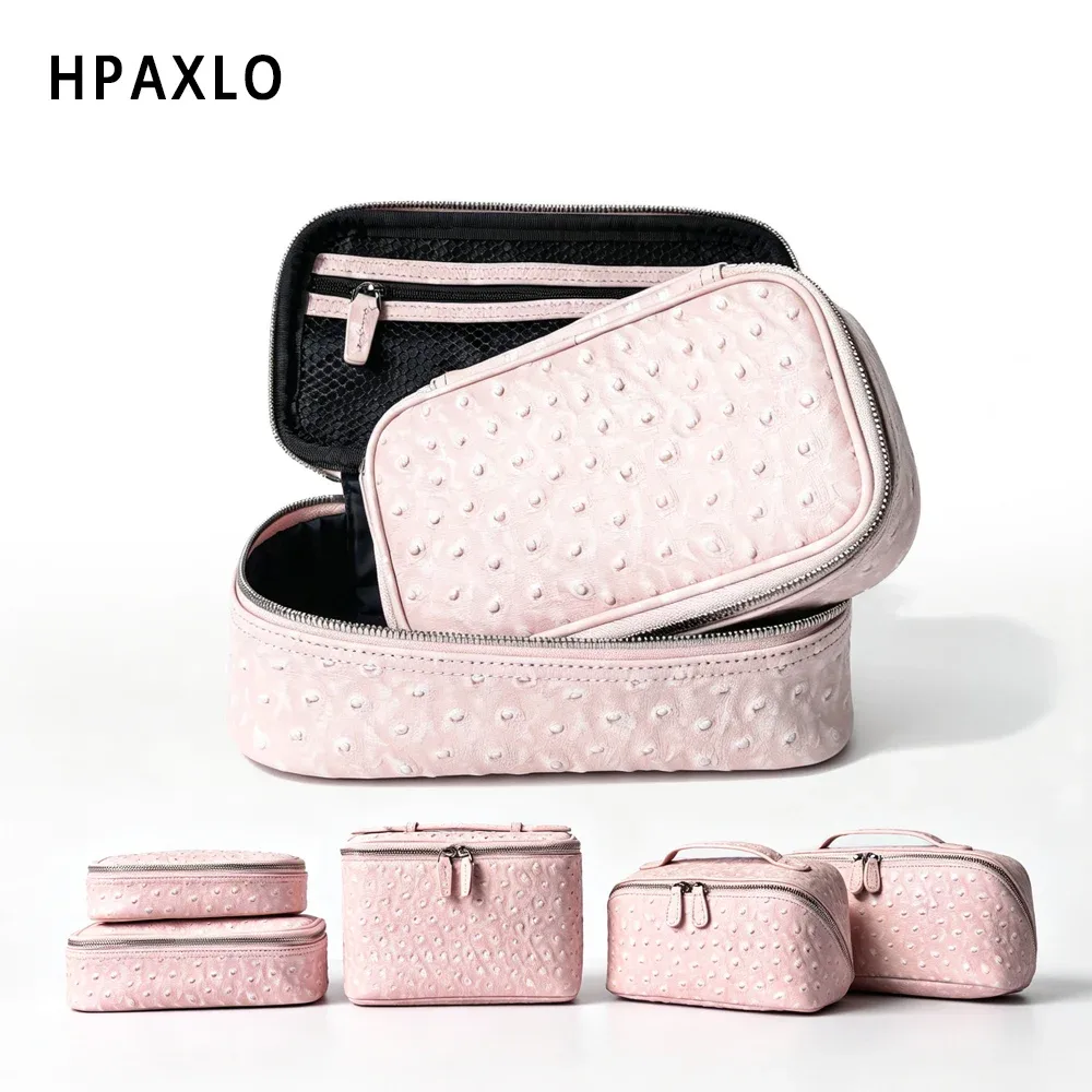 nouvelle trousse de maquillage en cuir d'autruche, organisateur de cosmétiques portable de voyage, rose neige, pour femmes, sac à main, trousse de toilette, pochette à cosmétiques