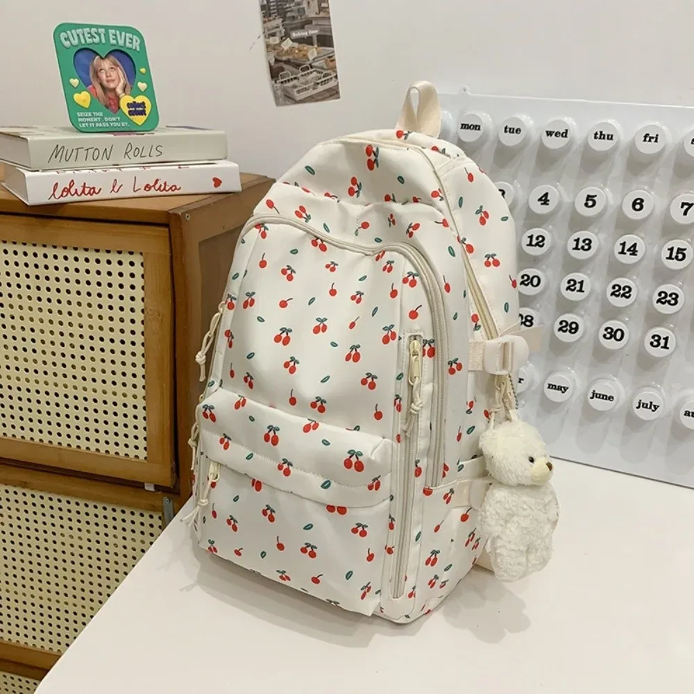 sac d'école en nylon pour étudiants, motif floral, style preppy, sac à dos pour femmes avec pendentif, grande capacité, sac à dos de voyage