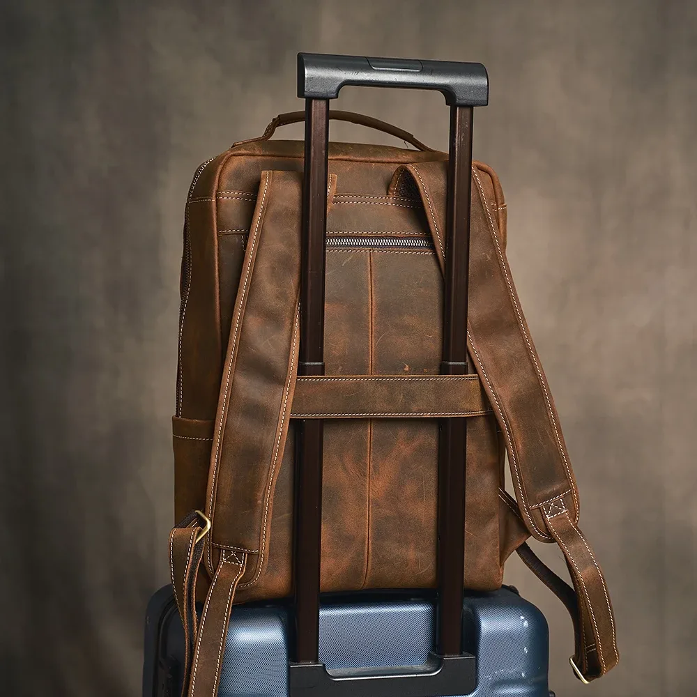 sac à dos décontracté en cuir véritable pour homme, camping, école, voyage, bureau, ordinateur portable, 17"
