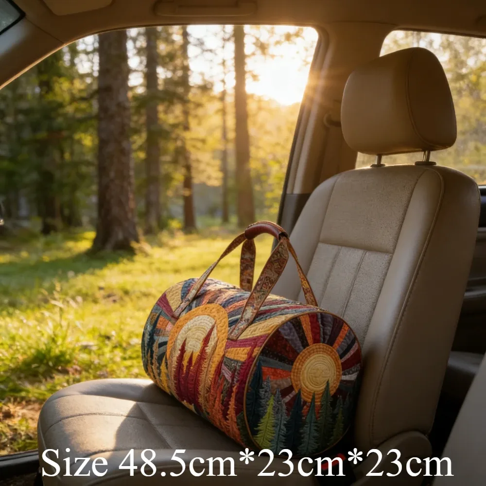 sac de voyage sun and mountain forest, artisanat de quilting fait main, unisexe, vintage, bohème, sac fourre-tout pour le week-end, camping, voyage en voiture, aventures en plein air