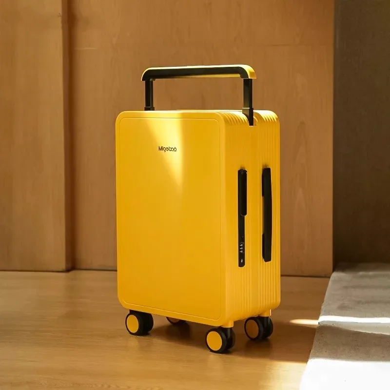valise pc jaune noir gris système tsa serrure poignée large roues toupie compacts voyage organisés segurança modernes linhas verticale façade contraste efficace intérieur compartiments