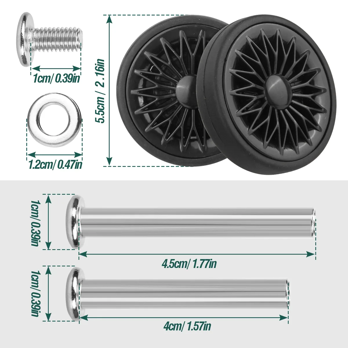 roues remplacement plastique métal noires vis ecuirs rondelles valise réparation voyage silencieuses fluide utilisation divers surfaces
