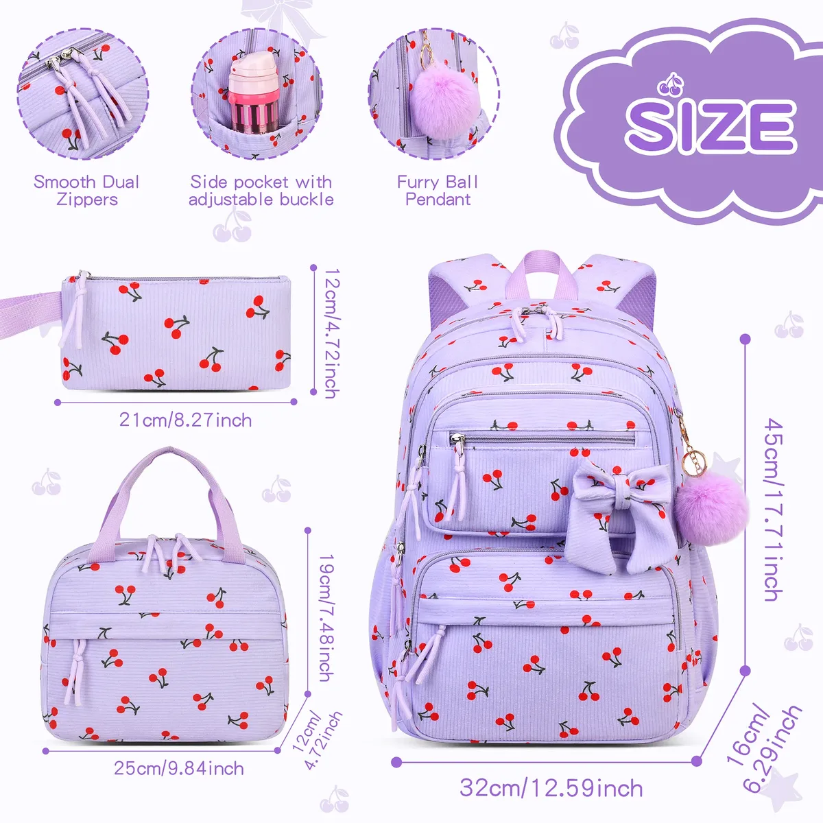 sac dos velours côtelé cerises violet motif cerises format rectangulaire poignée supérieure fermeture glissière usage école voyage