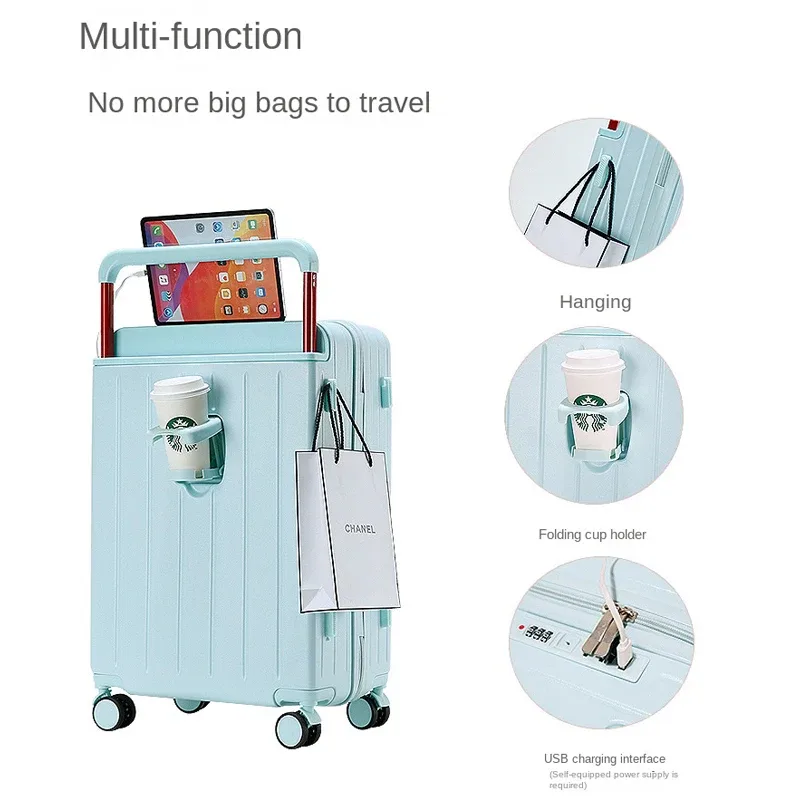 valise pc roulettes toupie poignée support tasse couleur blanche noire bleu pastel format voyage moderne design bandes verticales