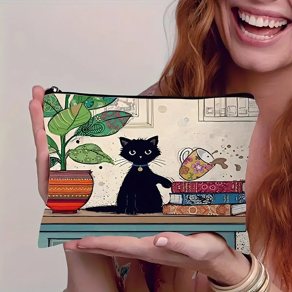 chat, fraise fille, motif d'amitié, sac de voyage, sac à fermeture éclair en polyester imperméable, cosmétiques, accessoires