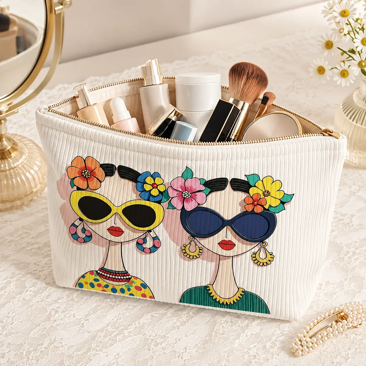sac cosmétique en velours côtelé imprimé pour femmes, grande trousse à maquillage à fermeture éclair pour les voyages, les articles de toilette, le rangement de produits de beauté et l'usage quotidien