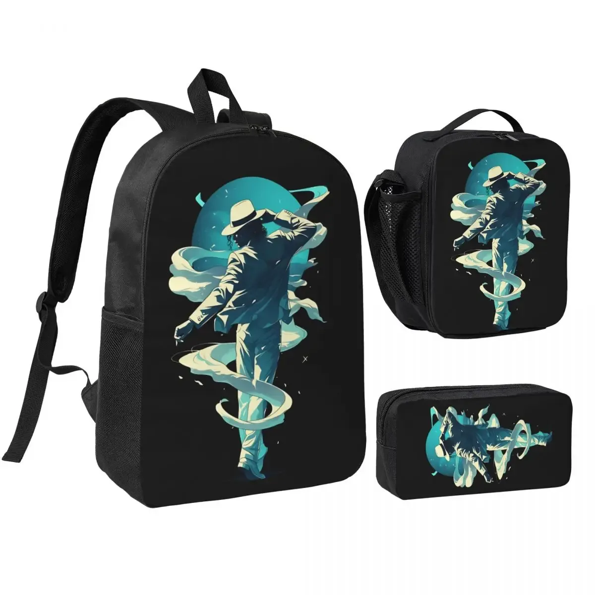 sac à dos mj pop king 3 pièces/ensemble pour étudiant, sac à bandoulière, sac à déjeuner, trousse à crayons