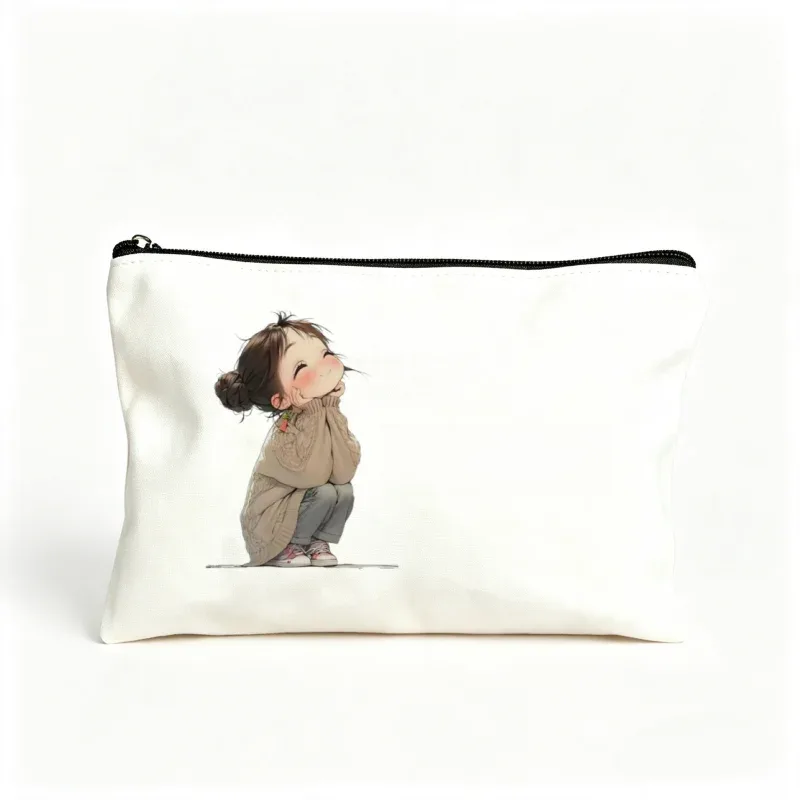 pochette de maquillage personnalisée avec imprimé de fille de dessin animé mignon, sac cosmétique de voyage, étui à fermeture éclair pour le rangement des rouges à lèvres, étui à crayons, sac à maquillage, cadeau pour femmes