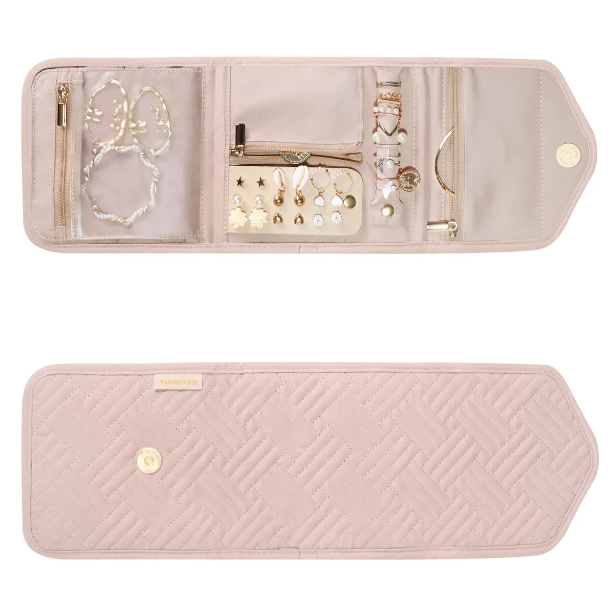 trousse toilette flanelle polyester noire beige geometrique matelasse portable voyage cosmétiques bijoux ornement doré perles blancs