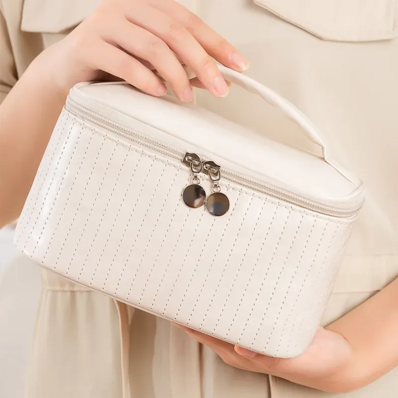 nouvelles trousses de maquillage en cuir pu pour femmes, trousse de toilette de voyage, couleur unie, grande capacité, boîte organisatrice de maquillage, trousse à cosmétiques