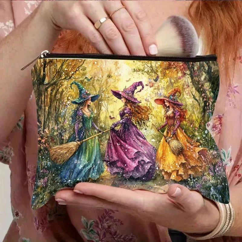 trousse de maquillage rétro en résine de sorcière, avec conception de forêt d'automne vibrante, fermeture éclair de sécurité, sac de voyage multifonctionnel