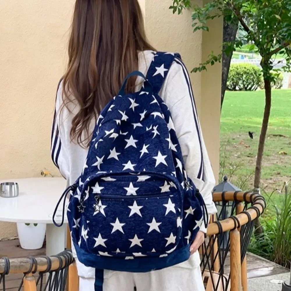 sac à dos à rayures grises de style coréen, multi-poches, bretelles réglables, impression d'étoiles, léger pour les déplacements