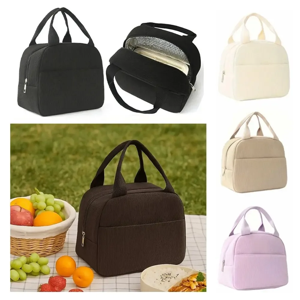 Sac Isotherme Compact en Velours Côtelé, Sac à Déjeuner Portable, Sac de Rangement Grande Capacité, Sac à Main Minimaliste pour Pique-Nique