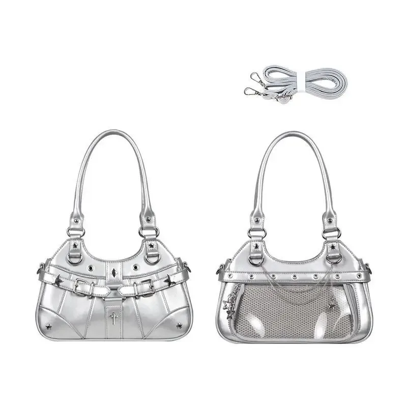 jiaerdi harajuku star ita sac femmes double sangle réglable en cuir transparent fourre-tout sac à main sous-culture quotidien polyvalent sac à bandoulière y2k