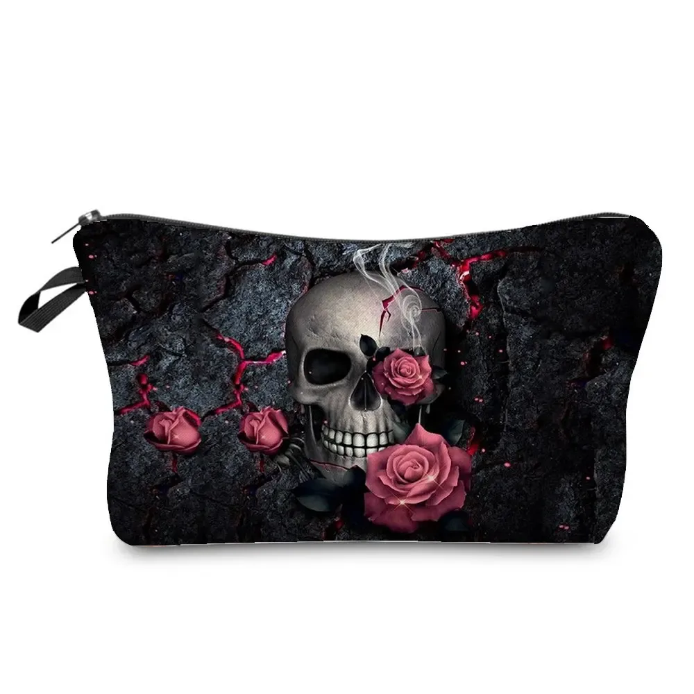 sacs à cosmétiques imprimés de crâne pour femmes, pochette de maquillage de personnalité, sac de rangement de voyage portable, étuis de rangement de rouge à lèvres, sac de maquillage à fermeture éclair