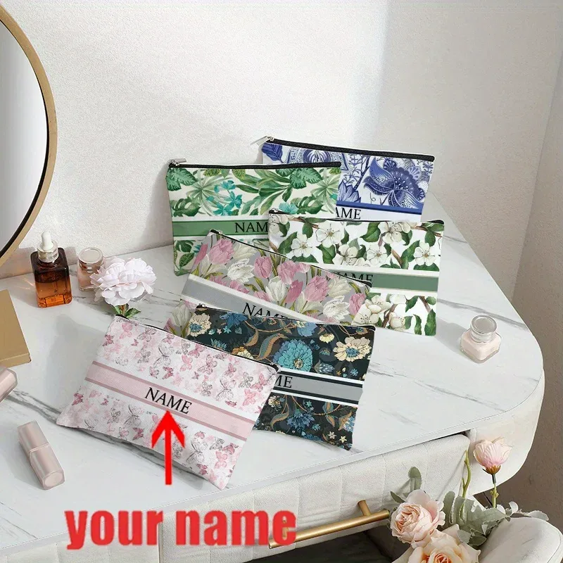 1 pièce trousse de maquillage personnalisée avec nom et motif floral imprimé, sac de rangement de voyage pour articles de toilette, organisateur de cadeaux de fête, pochette cosmétique