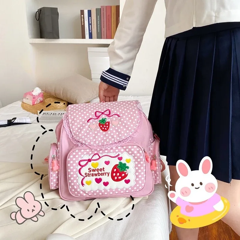 sac à dos rose pour enfants, motif fraise brodée, style dessin animé japonais, idéal pour l'école, cadeau d'anniversaire, nouveauté 2026