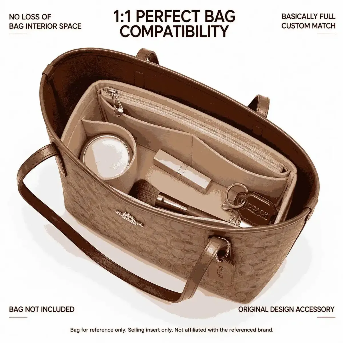 organisateur de sac à main en feutre, doublure structurée pour un rangement quotidien, compatible avec les sacs coach city tote de tailles régulière, moyenne et petite.