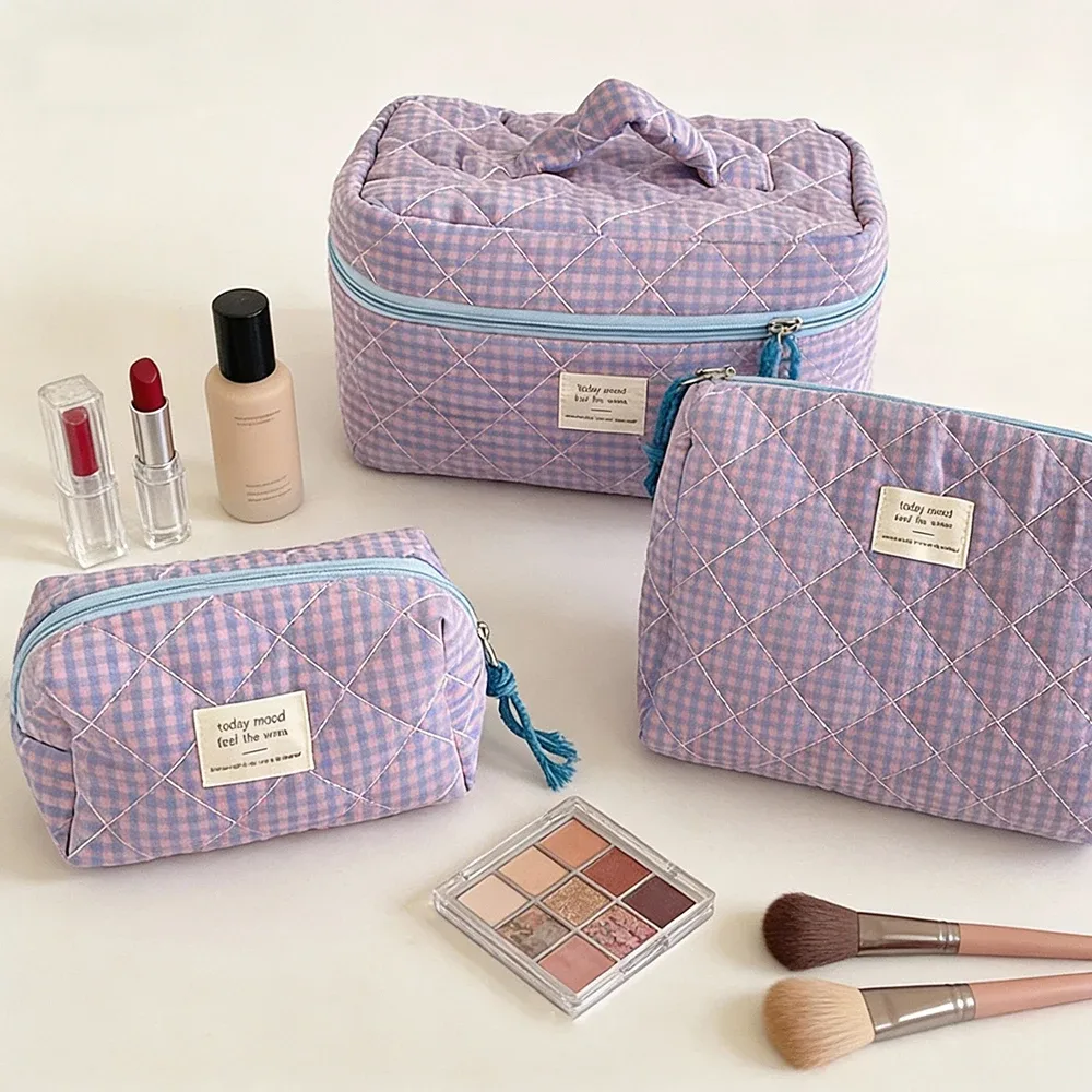 trousse polyester décontractée plaid violet rose orange bleu beige noir géométrique voyage cosmétique toile douce