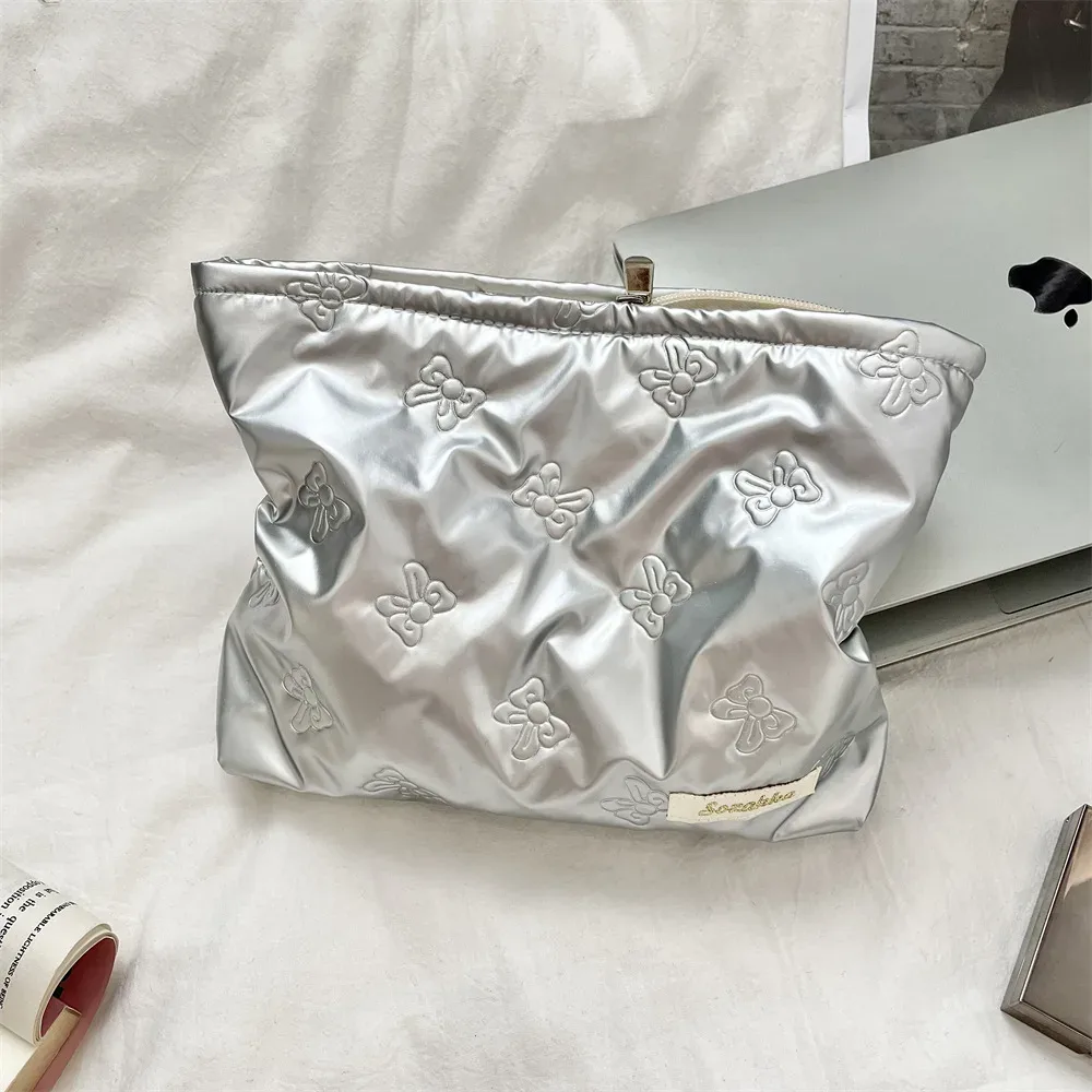 trousse de maquillage en pu matelassé de style coréen, pochette cosmétique brillante en forme de cœur avec nœud, rangement esthétique y2k pour femmes et filles