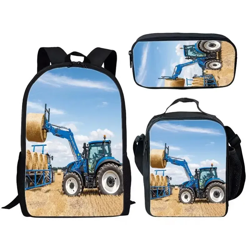sac à dos tendance et populaire pour étudiants, motif simulateur d'agriculture avec tracteur imprimé en 3d, lot de 3 pièces : sac à dos pour ordinateur portable, sac à déjeuner et trousse à crayons