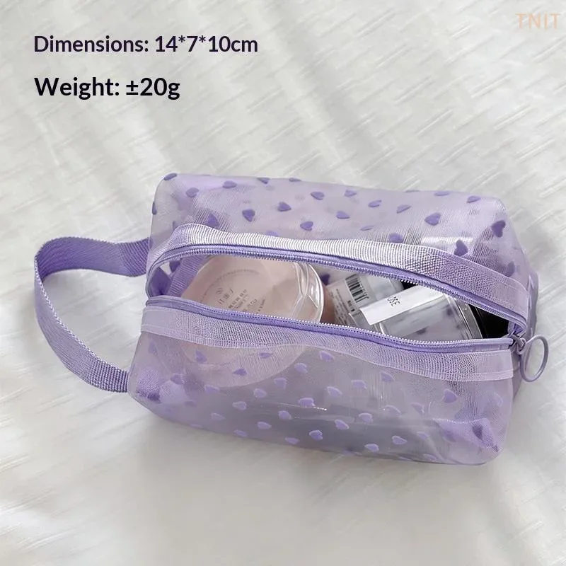 sac de maquillage en maille transparente j]heart, pochette de rangement multifonction portable pour femmes, trousse de toilette pour dames, organisateur de rouge à lèvres