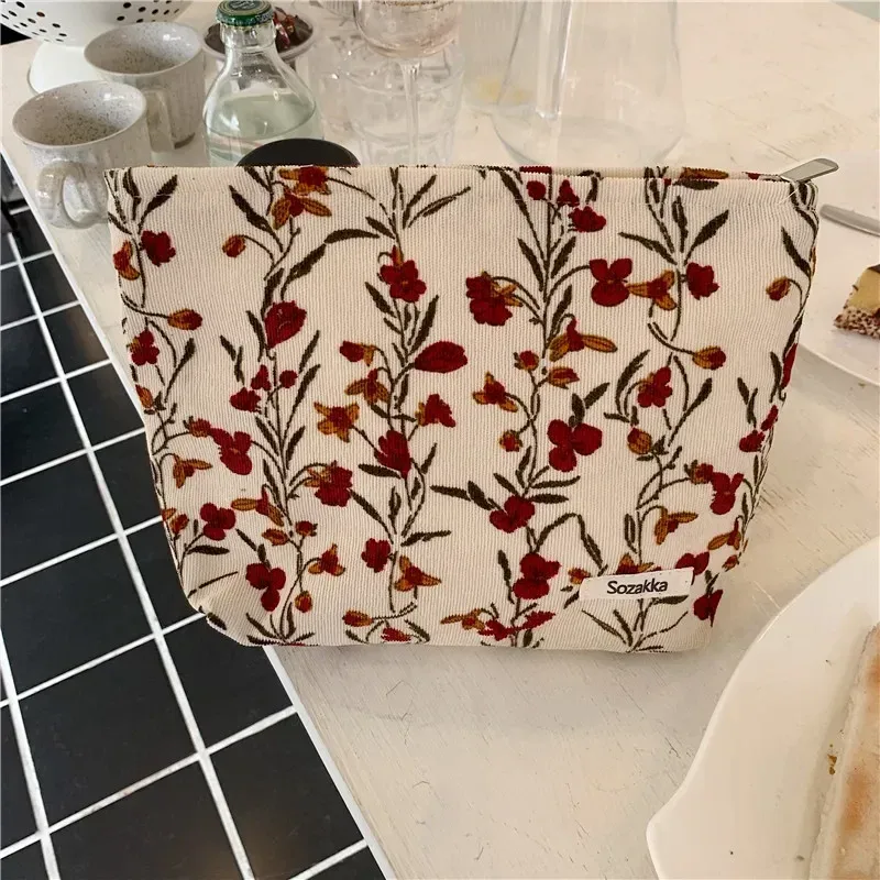sacs de maquillage en velours côtelé pour femmes, sac à cosmétiques imprimé floral, trousse à crayons, trousse de toilette de voyage, sac de rangement, organisateur, trousse de beauté