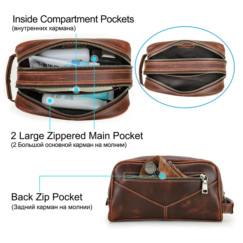 crazy horse – trousse de maquillage de voyage en cuir véritable pour hommes, étuis à cosmétiques vintage en cuir, marque de luxe, rangement de lavage, trousses de toilette