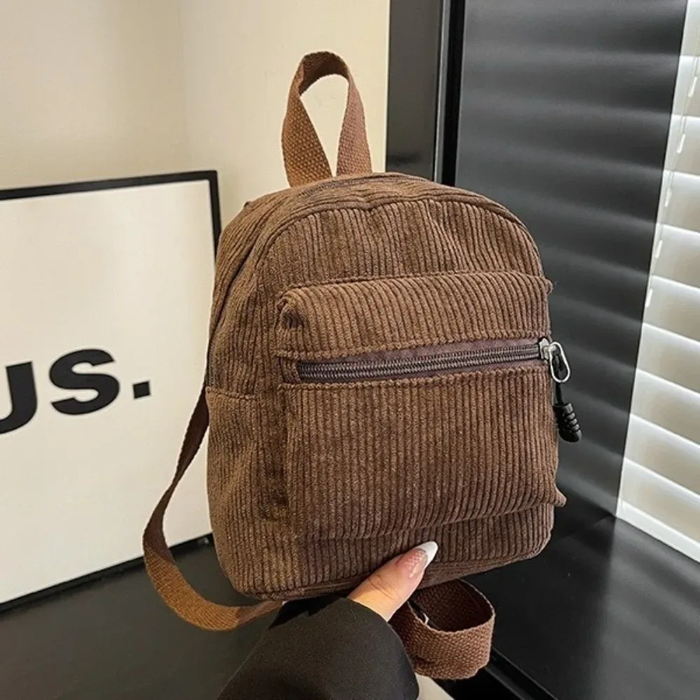 Mini sac à dos en velours côtelé de couleur unie, style coréen, avec fermeture éclair, multi-poches, double bandoulière, sac à dos portable vintage pour le collège
