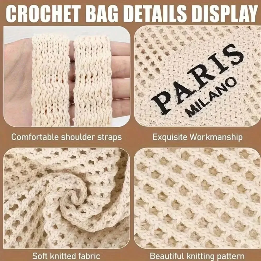 sac fourre-tout tricoté pour femme - sac à bandoulière ouvert avec inscription paris, sac de plage et de voyage respirant, tissu lavable, accessoire de shopping décontracté, design tissé durable, exclusif pour les passionnés de mode