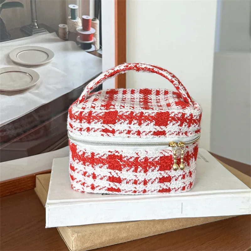 cadeau de noël, mini sac cosmétique en tweed mignon, petite bourse à monnaie, sac à rouge à lèvres, trousse de toilette, sac de voyage portable avec fermeture éclair, sac à main