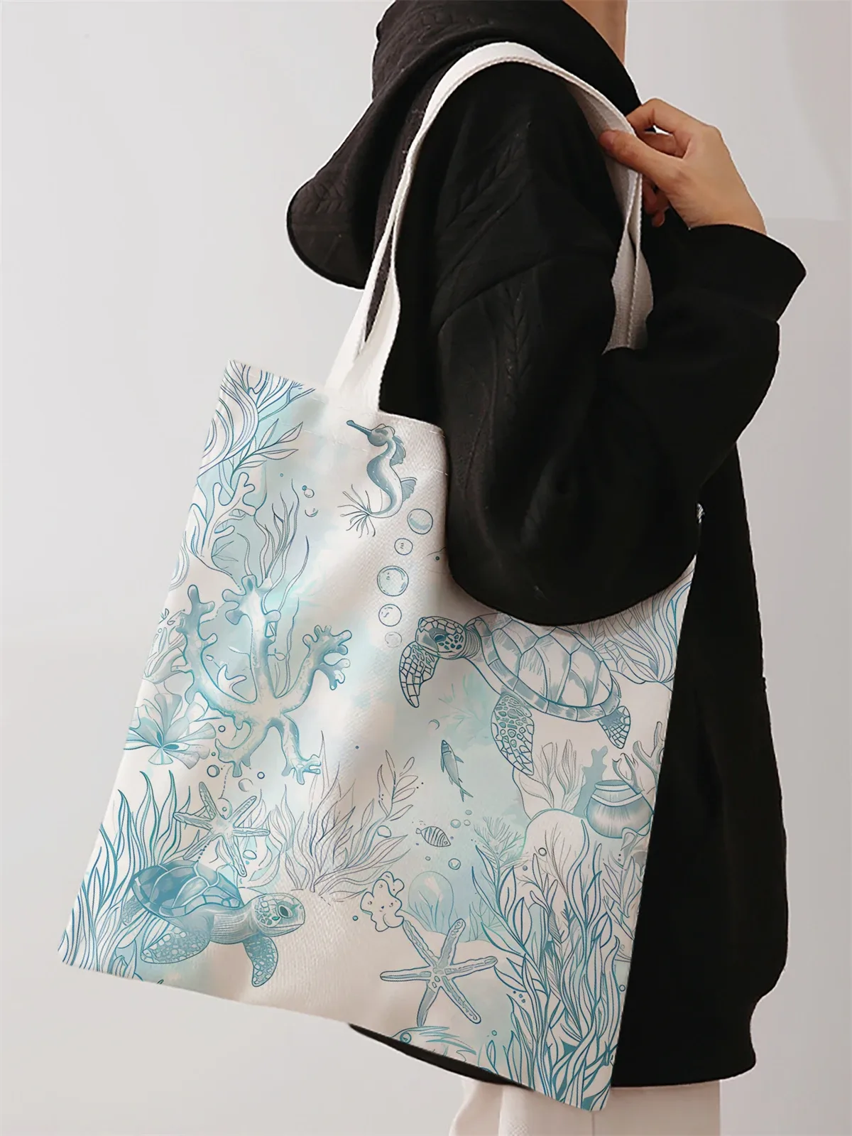 sac à main décontracté imprimé motif tortue, sac à dos réutilisable à la mode, sac à main multifonctionnel, sac de shopping en toile