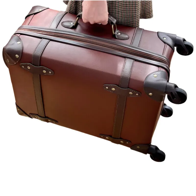 valise voyage forme carrée poignées latérales marron bandes noires rivets dorés cuir simili matière bagage roulante