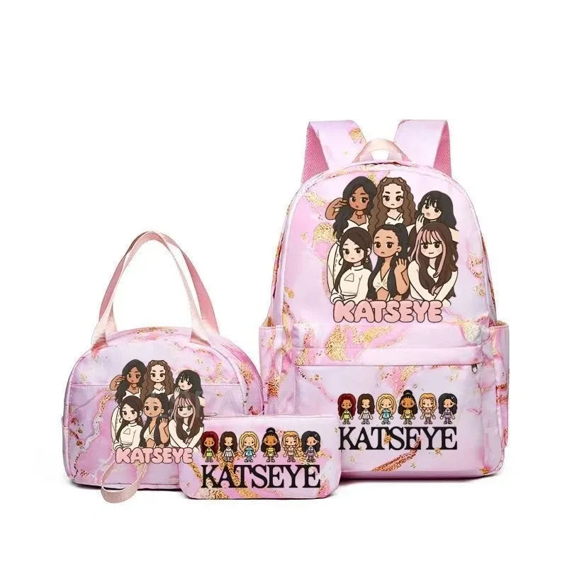 sacs à dos katseye à imprimé amusant avec sacs à lunch, multi-poches, camouflage, pour adolescents, sac à dos de voyage pour ordinateur portable, sac d'école pour femmes, mochila