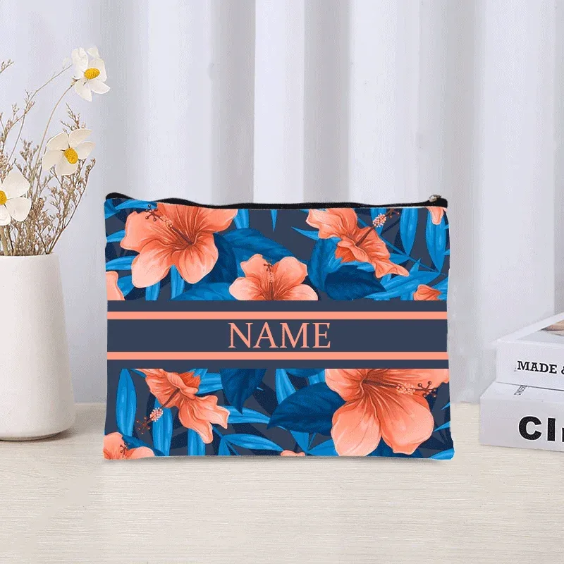 pochette de maquillage personnalisée de luxe avec nom floral, pochette de maquillage personnalisée, organisateur de rouge à lèvres de voyage, pochette de maquillage tendance, sac à main en toile