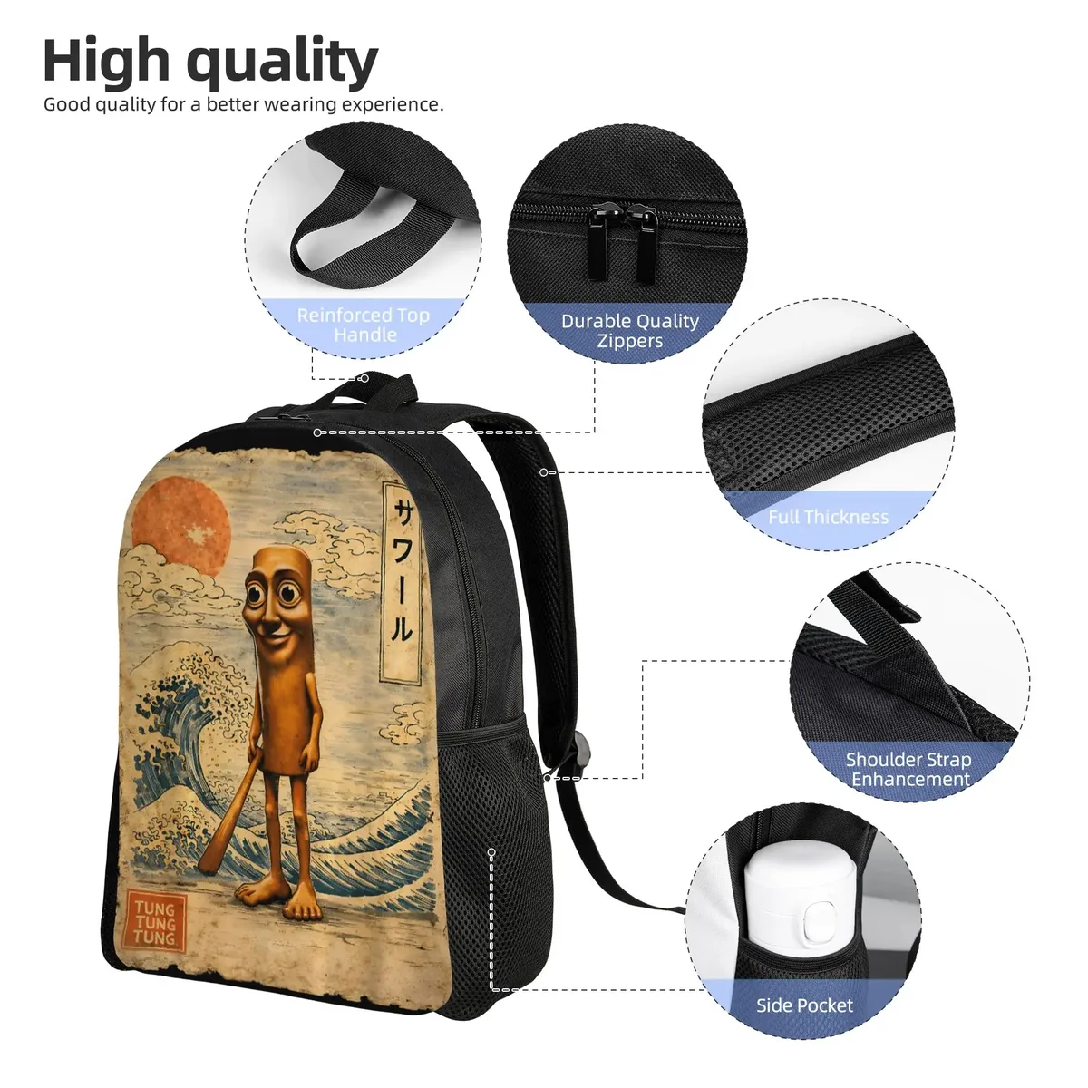 sac dos polyester dessin animé personnage souriant onde soleil bleu beige noir 20 35 litres pliable extensible plastique souple décontracté voyager ecole