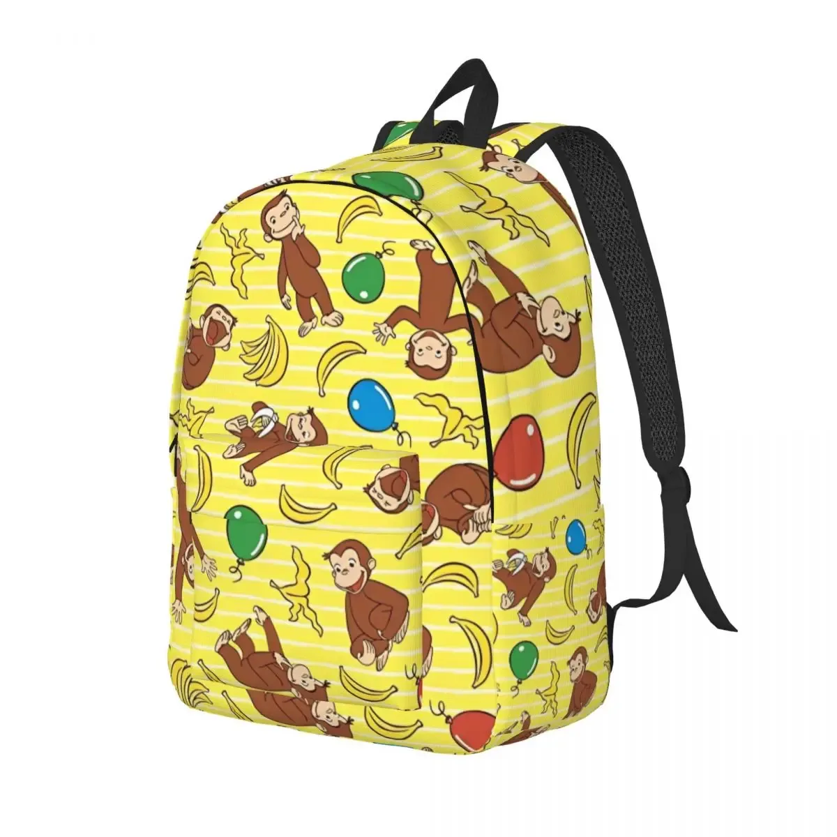 sac dos toile polyester jaune vif singes bananes ballons rayures horizontales poche intérieure fendue fermeture éclair transport journalier