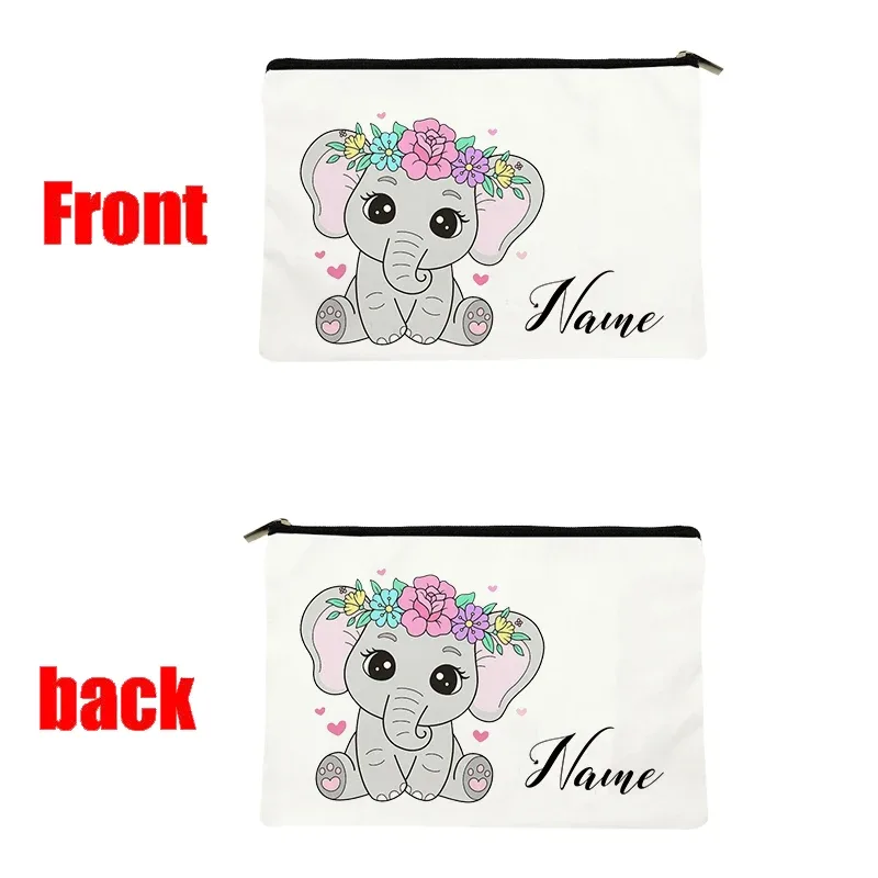vente flash : grande trousse à maquillage en toile avec motif d'éléphant mignon, essentiels de voyage pour anniversaire d'enfants, trousse de maquillage avec nom personnalisé